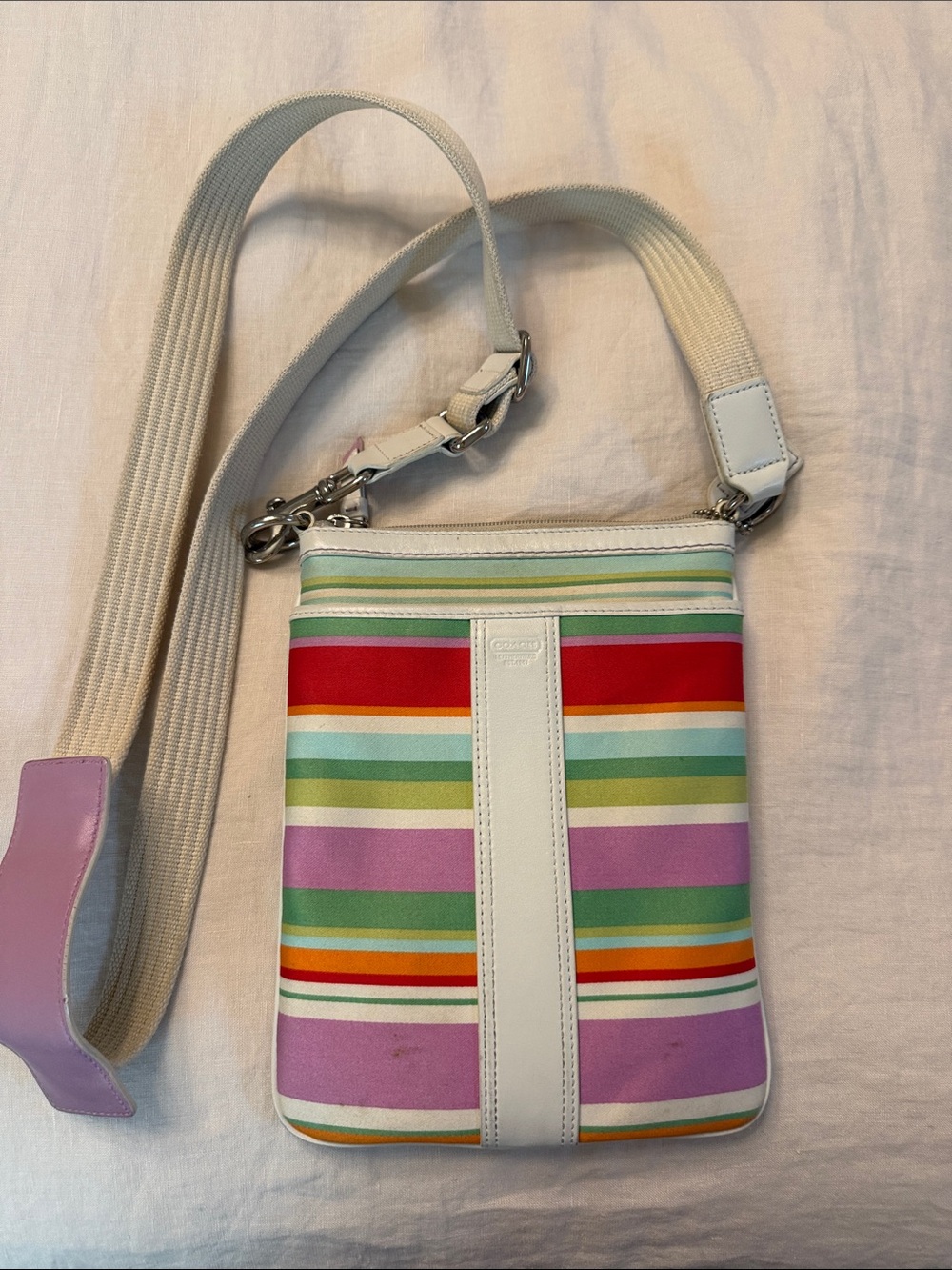 Coach Multicolor Striped Crossbody with Cream Trim and Lilac Strap Pad
